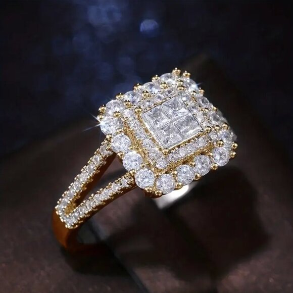 NEW 18k Yellow Gold Diamond Ring Cushion Cut Halo Ring - Picture 5 of 7